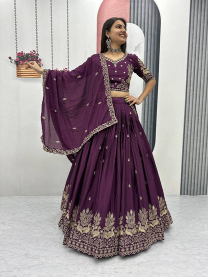 Women’s Vichitra Silk Lehenga Choli Set with Heavy Embroidery Thread & Sequins Work