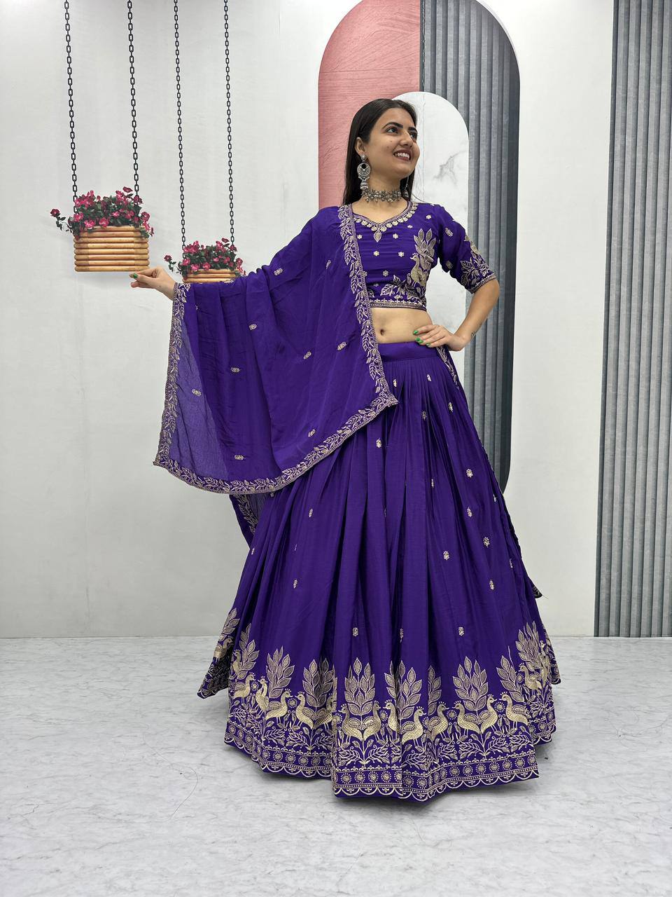 Women’s Vichitra Silk Lehenga Choli Set with Heavy Embroidery Thread & Sequins Work