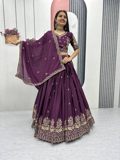 Women’s Vichitra Silk Lehenga Choli Set with Heavy Embroidery Thread & Sequins Work