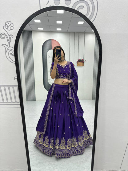 Women’s Vichitra Silk Lehenga Choli Set with Heavy Embroidery Thread & Sequins Work