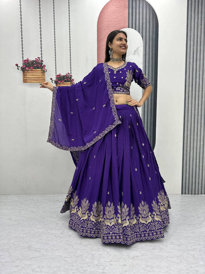 Women’s Vichitra Silk Lehenga Choli Set with Heavy Embroidery Thread & Sequins Work