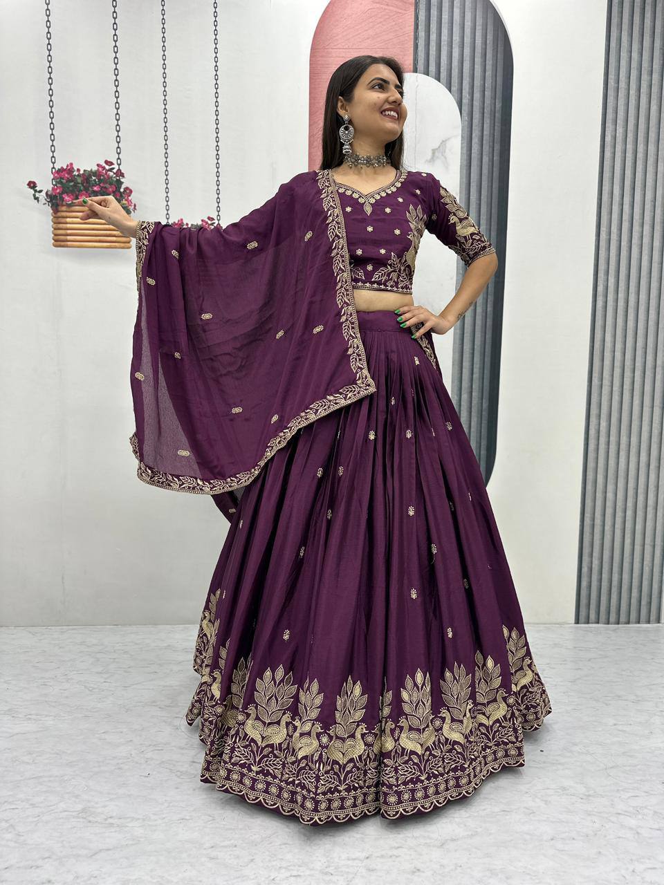 Women’s Vichitra Silk Lehenga Choli Set with Heavy Embroidery Thread & Sequins Work