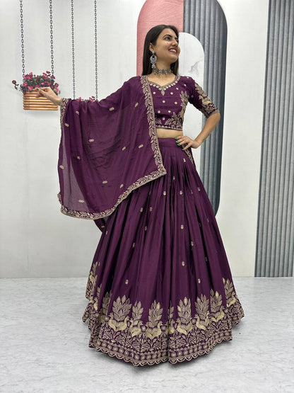 Women’s Vichitra Silk Lehenga Choli Set with Heavy Embroidery Thread & Sequins Work
