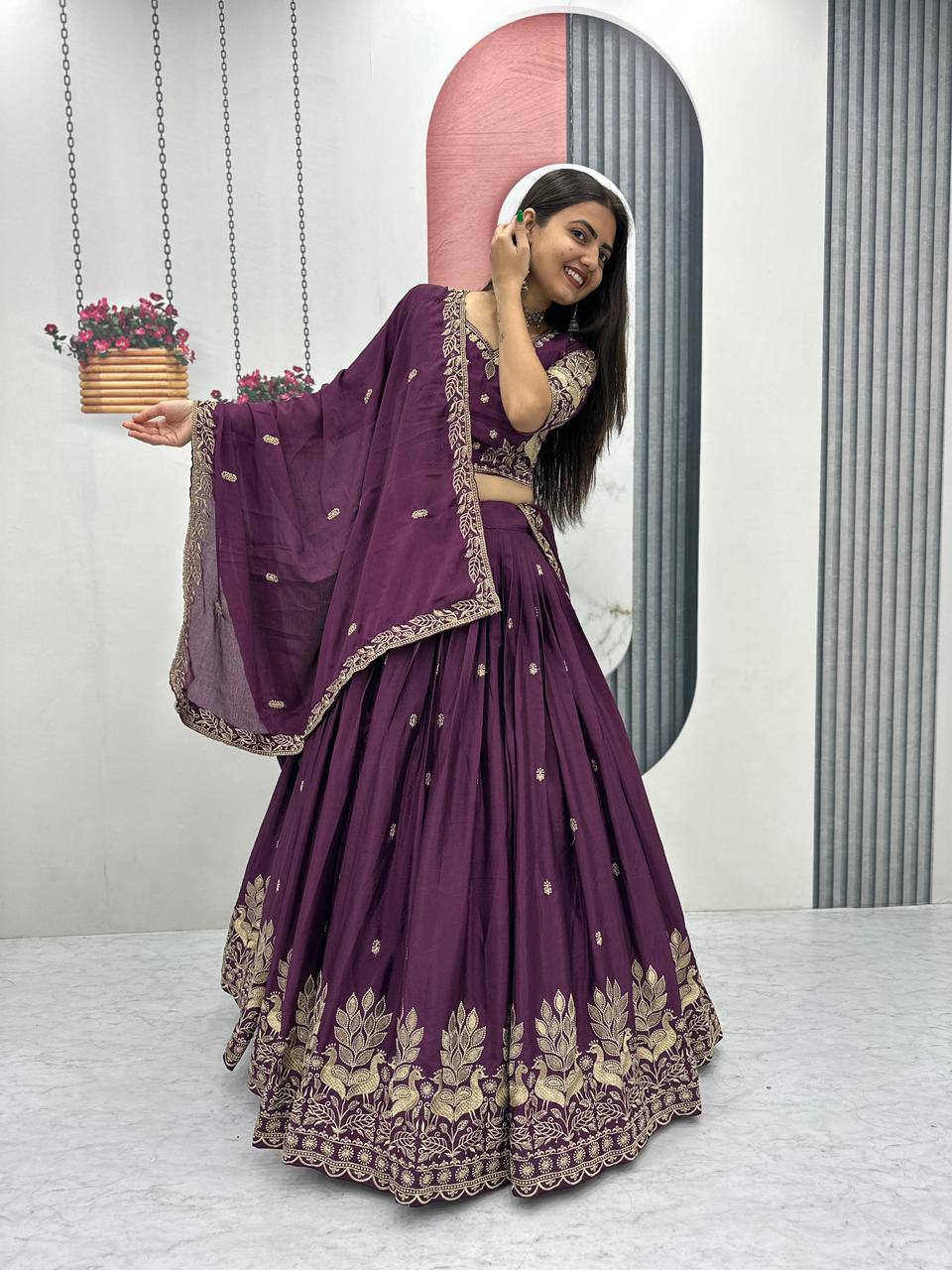 Women’s Vichitra Silk Lehenga Choli Set with Heavy Embroidery Thread & Sequins Work