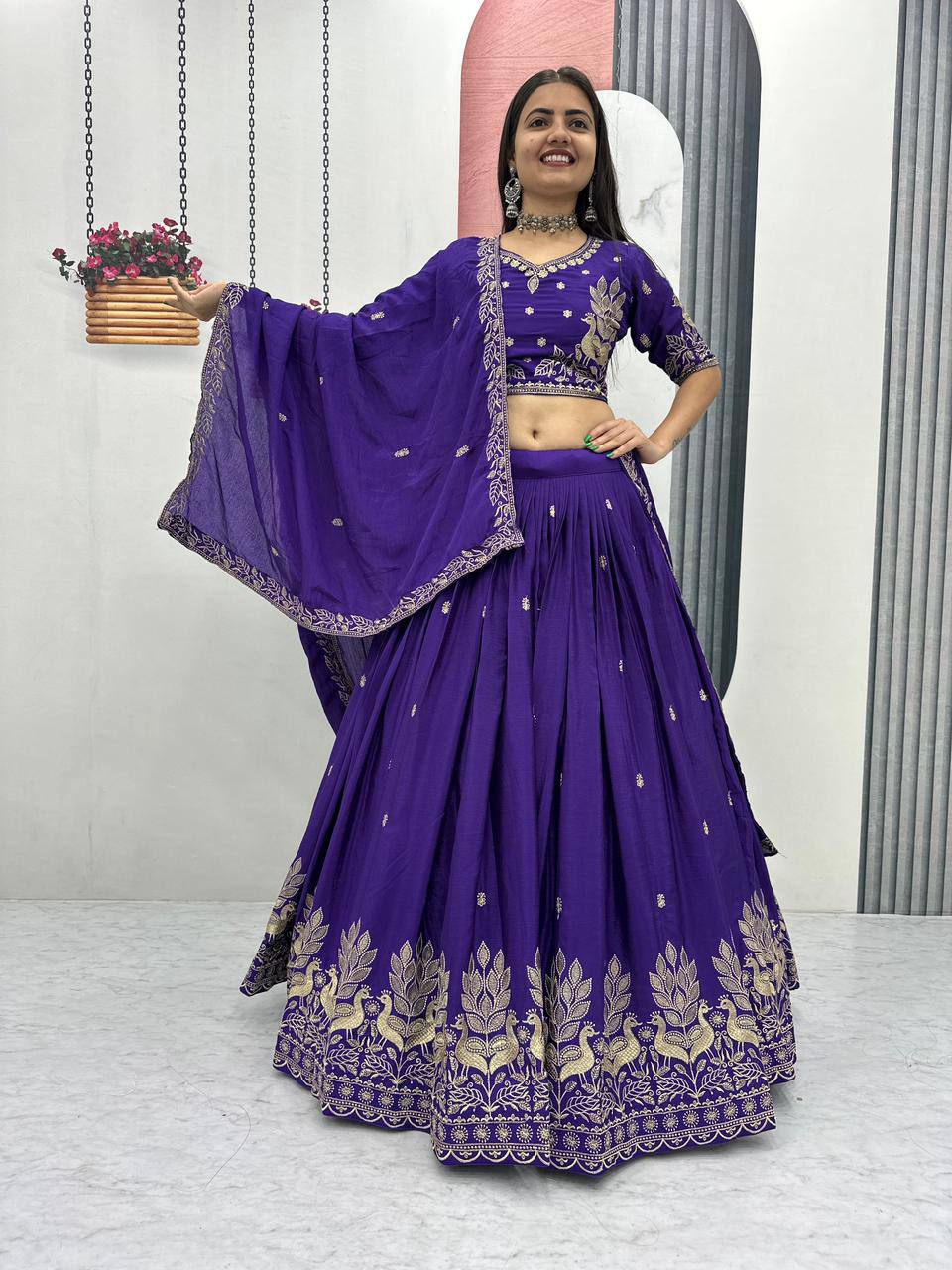 Women’s Vichitra Silk Lehenga Choli Set with Heavy Embroidery Thread & Sequins Work