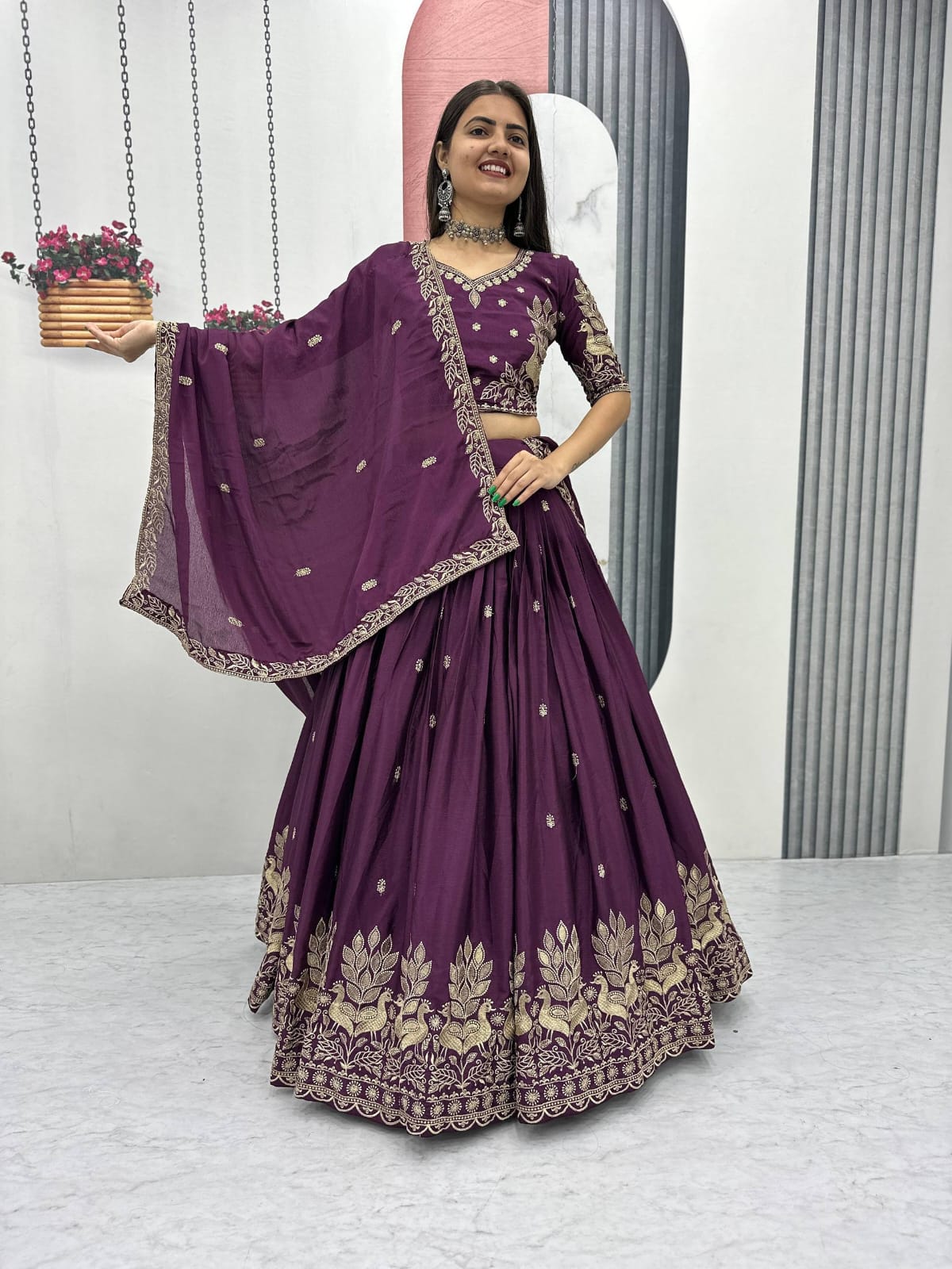 Women’s Vichitra Silk Lehenga Choli Set with Heavy Embroidery Thread & Sequins Work