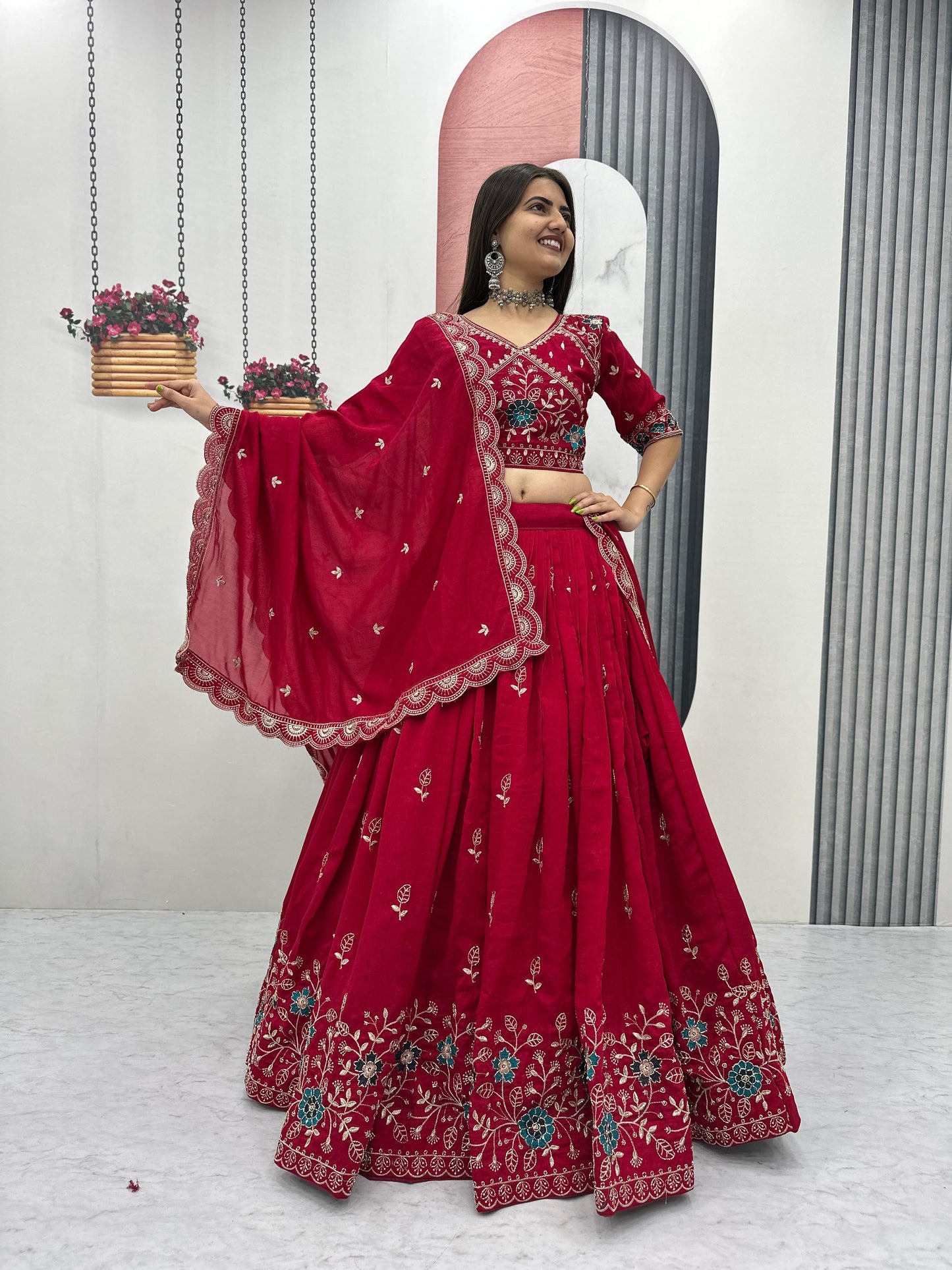 Women’s Pure Blooming Vichitra Silk Lehenga Choli Set with Heavy Embroidery Thread & Pipe Work