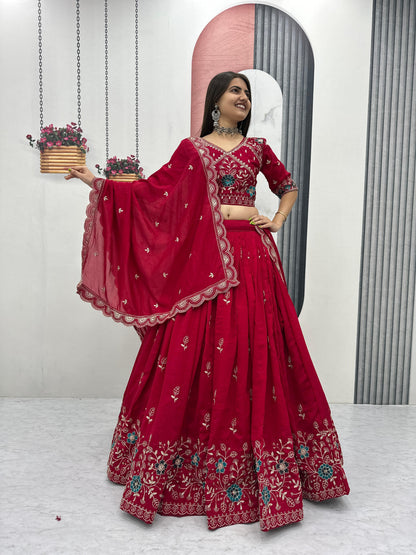 Women’s Pure Blooming Vichitra Silk Lehenga Choli Set with Heavy Embroidery Thread & Pipe Work