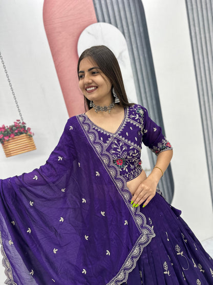 Women’s Pure Blooming Vichitra Silk Lehenga Choli Set with Heavy Embroidery Thread & Pipe Work