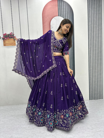 Women’s Pure Blooming Vichitra Silk Lehenga Choli Set with Heavy Embroidery Thread & Pipe Work