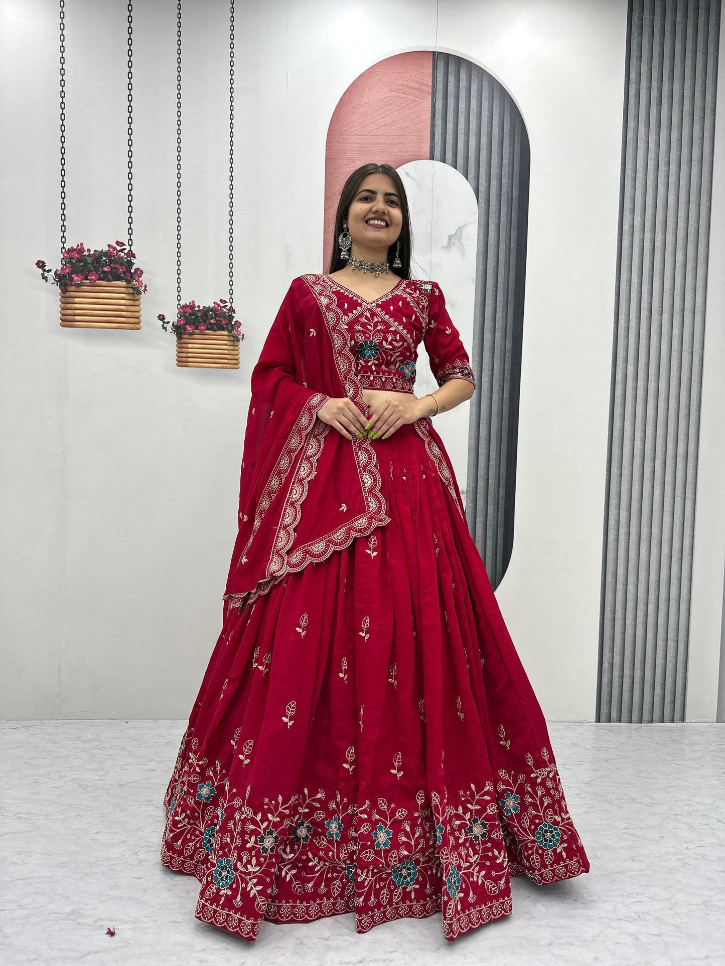 Women’s Pure Blooming Vichitra Silk Lehenga Choli Set with Heavy Embroidery Thread & Pipe Work