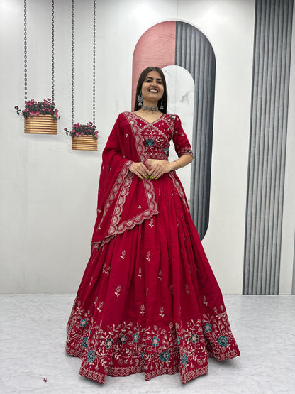Women’s Pure Blooming Vichitra Silk Lehenga Choli Set with Heavy Embroidery Thread & Pipe Work