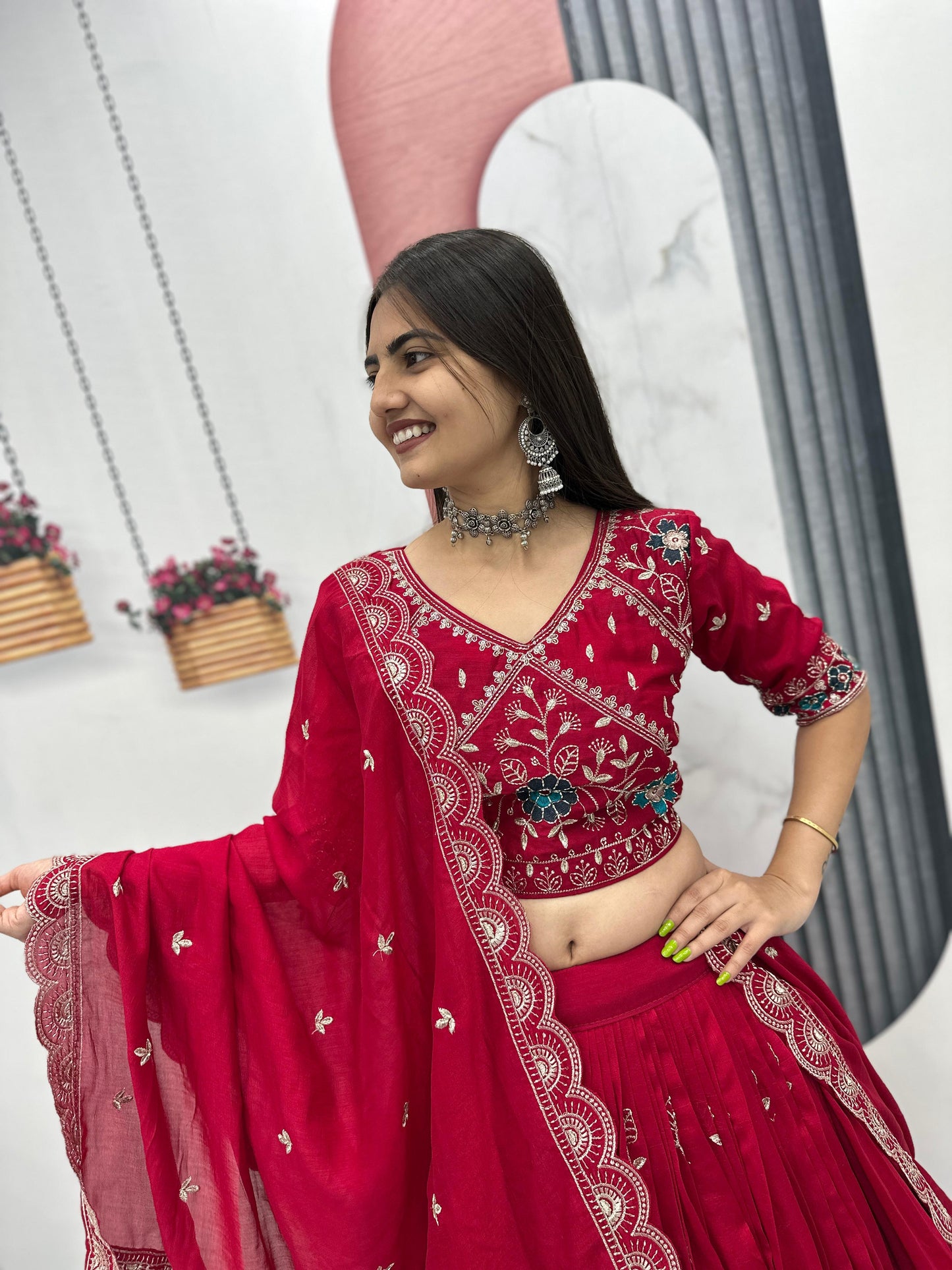 Women’s Pure Blooming Vichitra Silk Lehenga Choli Set with Heavy Embroidery Thread & Pipe Work