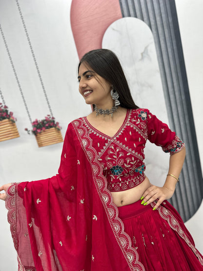 Women’s Pure Blooming Vichitra Silk Lehenga Choli Set with Heavy Embroidery Thread & Pipe Work