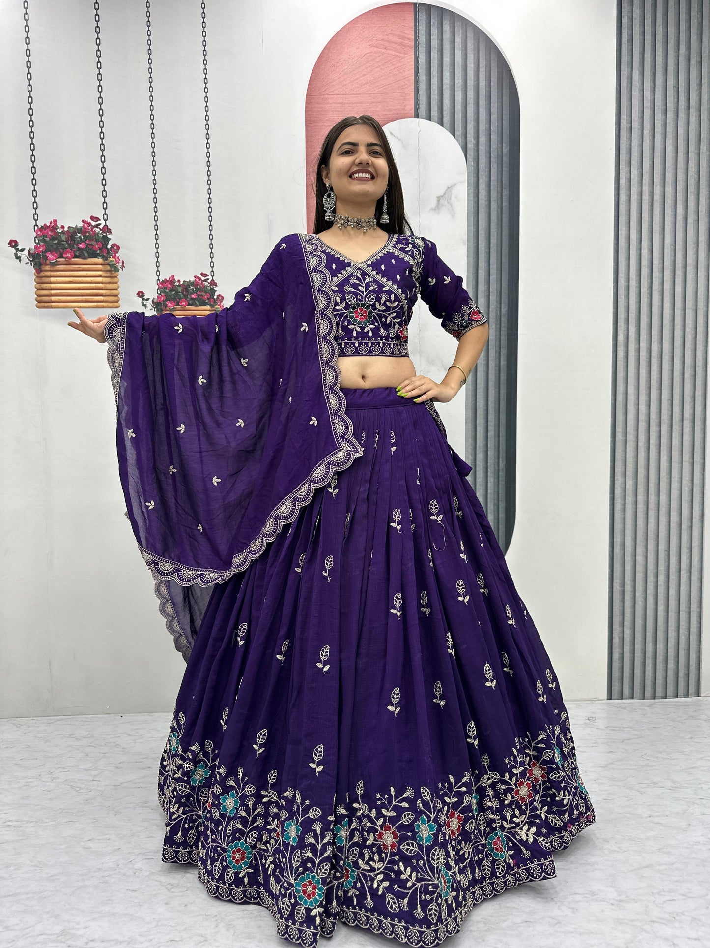 Women’s Pure Blooming Vichitra Silk Lehenga Choli Set with Heavy Embroidery Thread & Pipe Work