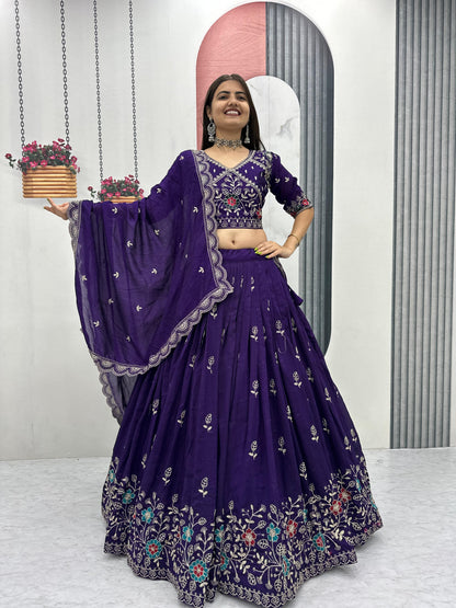 Women’s Pure Blooming Vichitra Silk Lehenga Choli Set with Heavy Embroidery Thread & Pipe Work