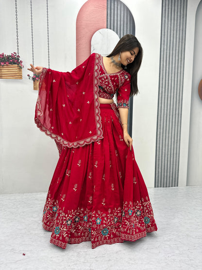 Women’s Pure Blooming Vichitra Silk Lehenga Choli Set with Heavy Embroidery Thread & Pipe Work