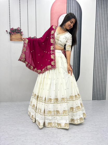 Women’s Pure Chinon Lehenga Choli Set with Heavy Embroidery Sequins Work