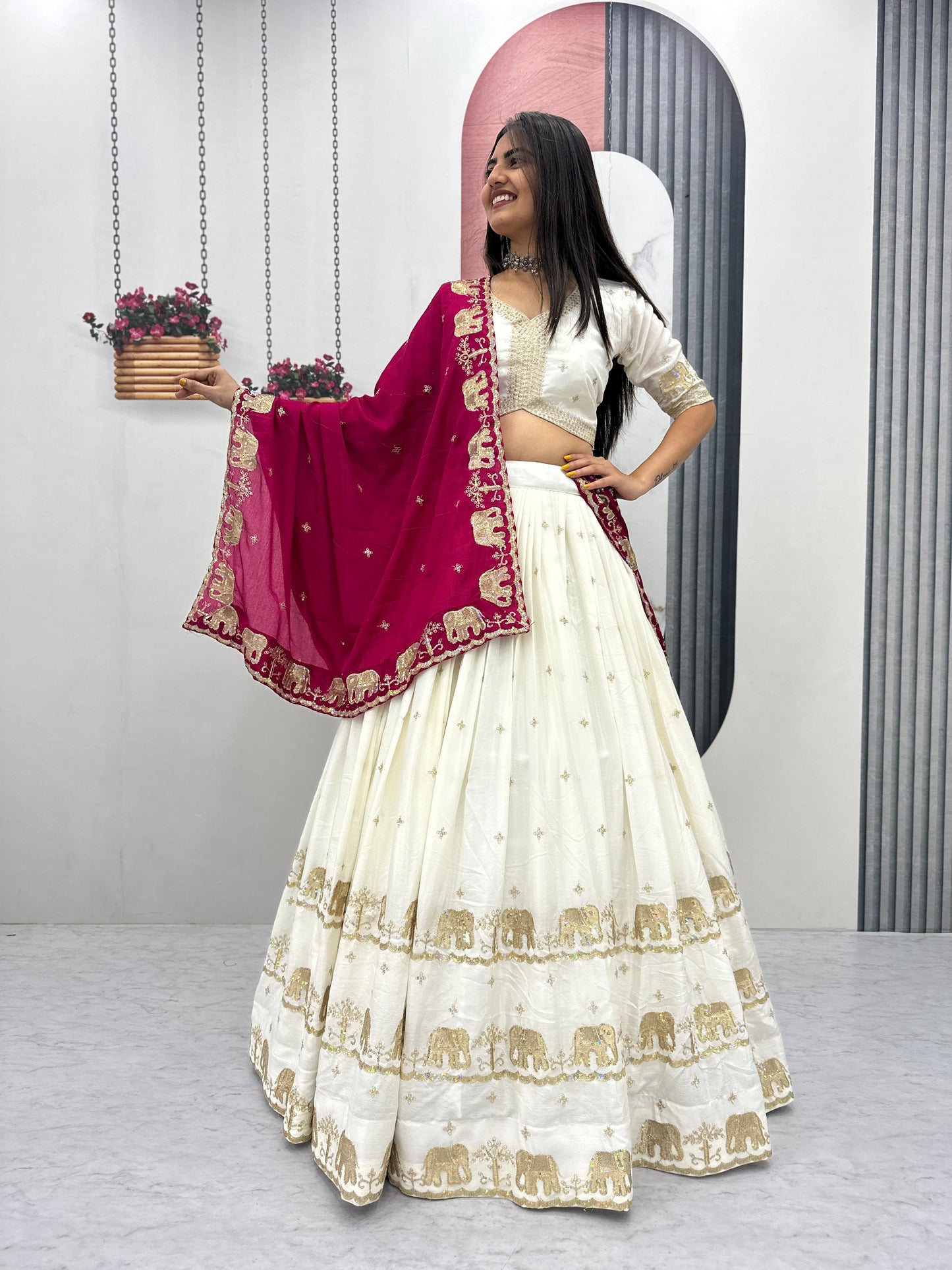 Women’s Pure Chinon Lehenga Choli Set with Heavy Embroidery Sequins Work