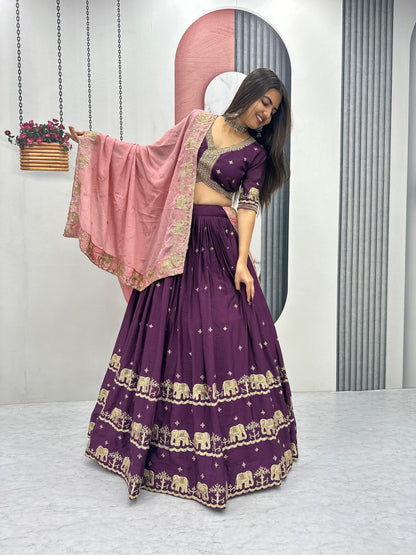 Women’s Pure Chinon Lehenga Choli Set with Heavy Embroidery Sequins Work