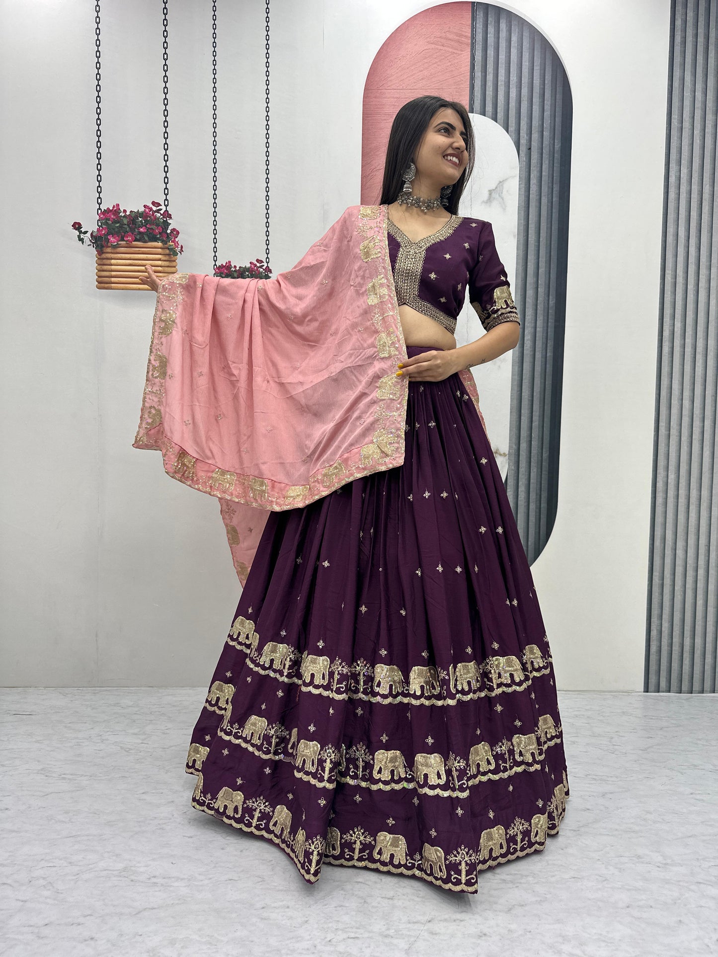 Women’s Pure Chinon Lehenga Choli Set with Heavy Embroidery Sequins Work