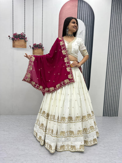 Women’s Pure Chinon Lehenga Choli Set with Heavy Embroidery Sequins Work