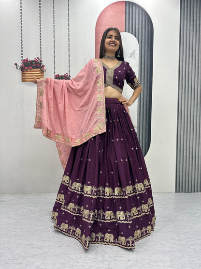 Women’s Pure Chinon Lehenga Choli Set with Heavy Embroidery Sequins Work