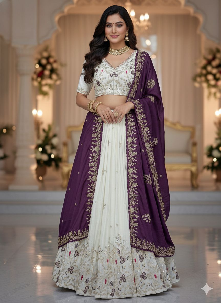 Women’s Chinon Lehenga Choli Set with Embroidery Thread & Sequins Work