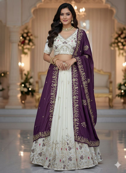 Women’s Chinon Lehenga Choli Set with Embroidery Thread & Sequins Work