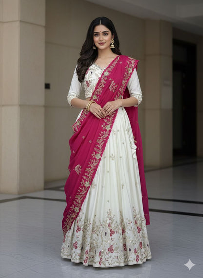 Women’s Chinon Lehenga Choli Set with Embroidery Thread & Sequins Work