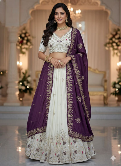 Women’s Chinon Lehenga Choli Set with Embroidery Thread & Sequins Work