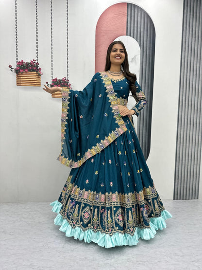 Pure Vichitra Lehenga Choli Set with Heavy Embroidery Coding Sequence & Thread Work, 3.5m Flared Lehenga with Cancan, Fully Stitched Bridal & Festive Wear (M to 2XL)