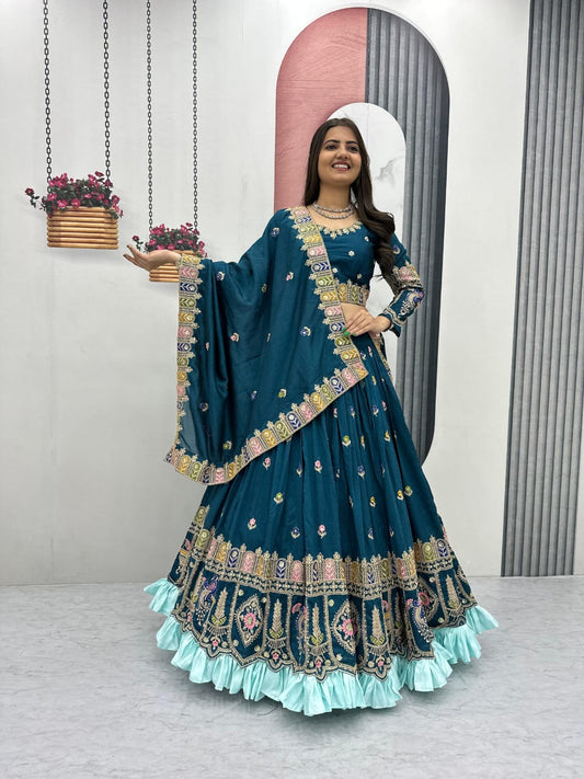 Pure Vichitra Lehenga Choli Set with Heavy Embroidery Coding Sequence & Thread Work, 3.5m Flared Lehenga with Cancan, Fully Stitched Bridal & Festive Wear (M to 2XL)