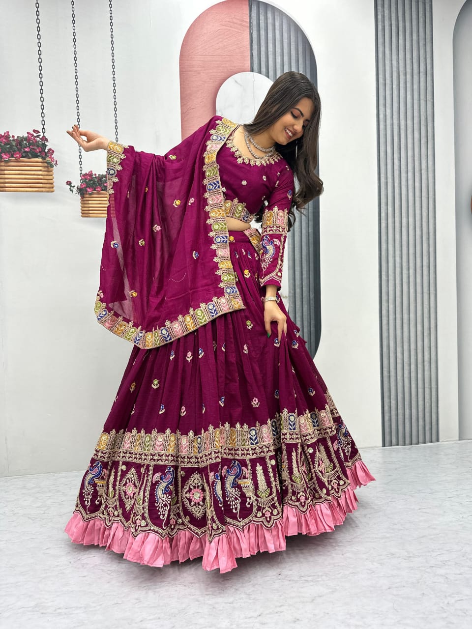 Pure Vichitra Lehenga Choli Set with Heavy Embroidery Coding Sequence & Thread Work, 3.5m Flared Lehenga with Cancan, Fully Stitched Bridal & Festive Wear (M to 2XL)