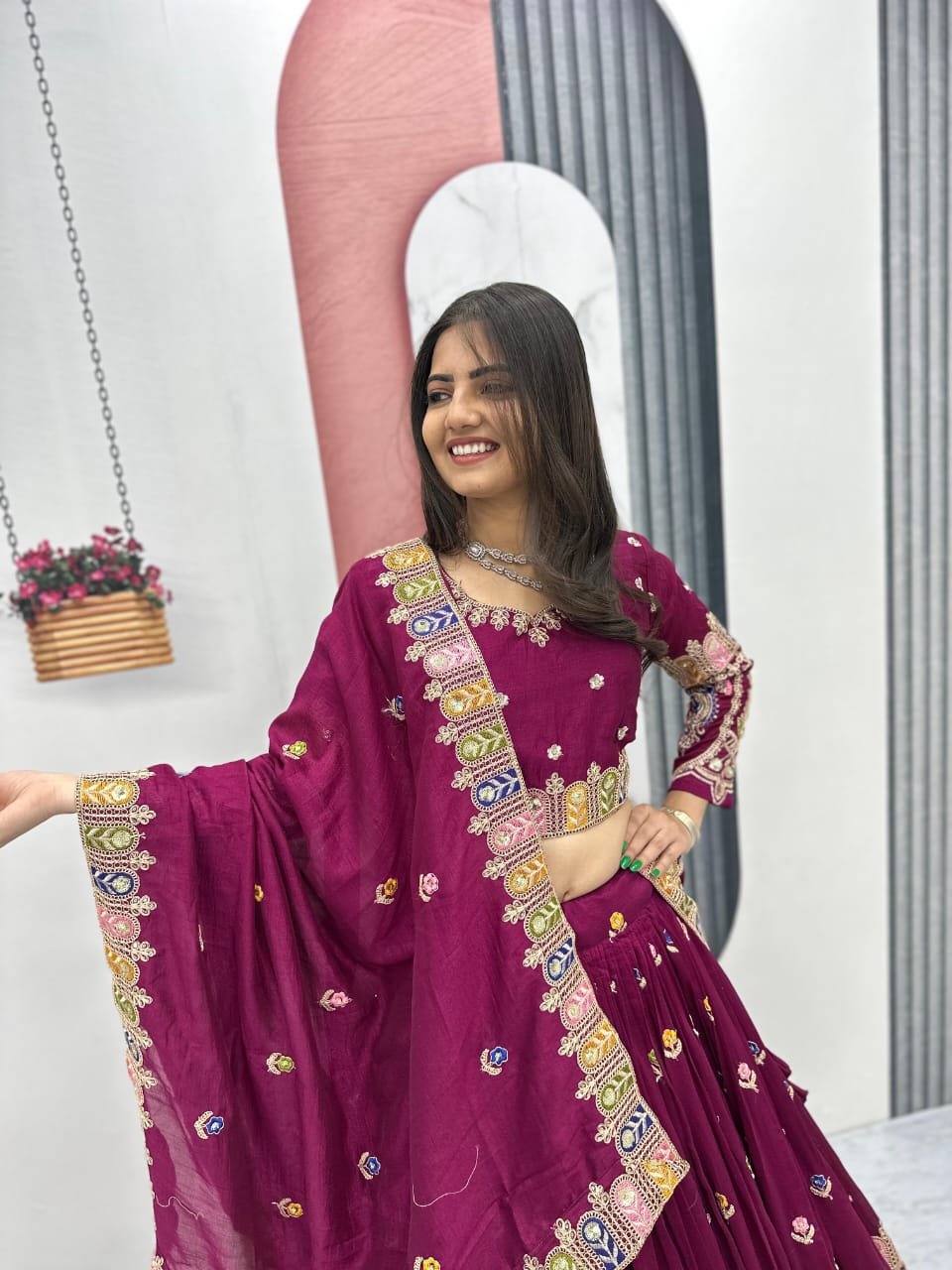 Pure Vichitra Lehenga Choli Set with Heavy Embroidery Coding Sequence & Thread Work, 3.5m Flared Lehenga with Cancan, Fully Stitched Bridal & Festive Wear (M to 2XL)
