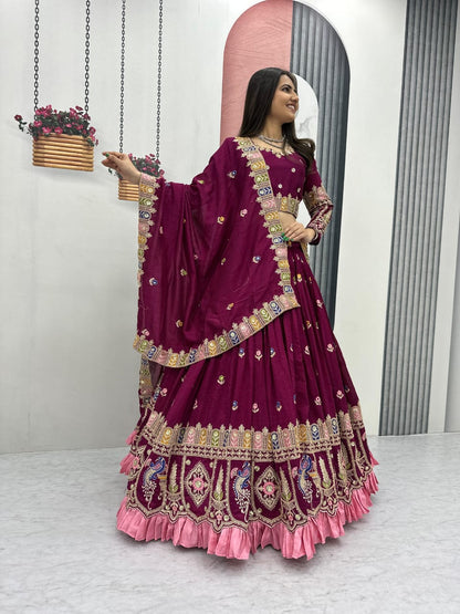 Pure Vichitra Lehenga Choli Set with Heavy Embroidery Coding Sequence & Thread Work, 3.5m Flared Lehenga with Cancan, Fully Stitched Bridal & Festive Wear (M to 2XL)