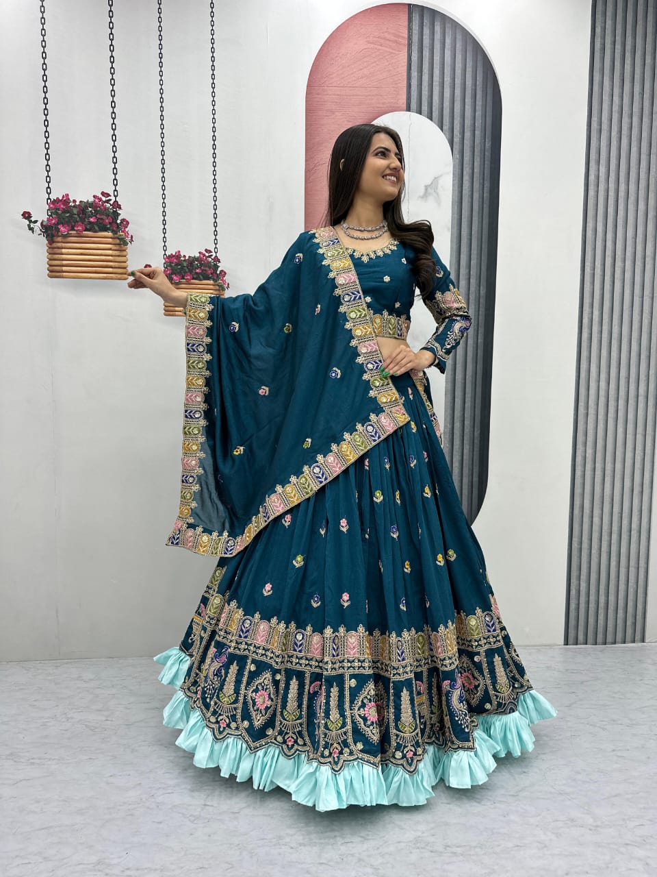 Pure Vichitra Lehenga Choli Set with Heavy Embroidery Coding Sequence & Thread Work, 3.5m Flared Lehenga with Cancan, Fully Stitched Bridal & Festive Wear (M to 2XL)