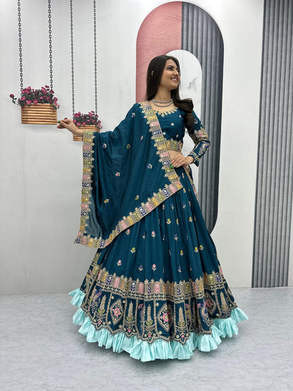 Pure Vichitra Lehenga Choli Set with Heavy Embroidery Coding Sequence & Thread Work, 3.5m Flared Lehenga with Cancan, Fully Stitched Bridal & Festive Wear (M to 2XL)