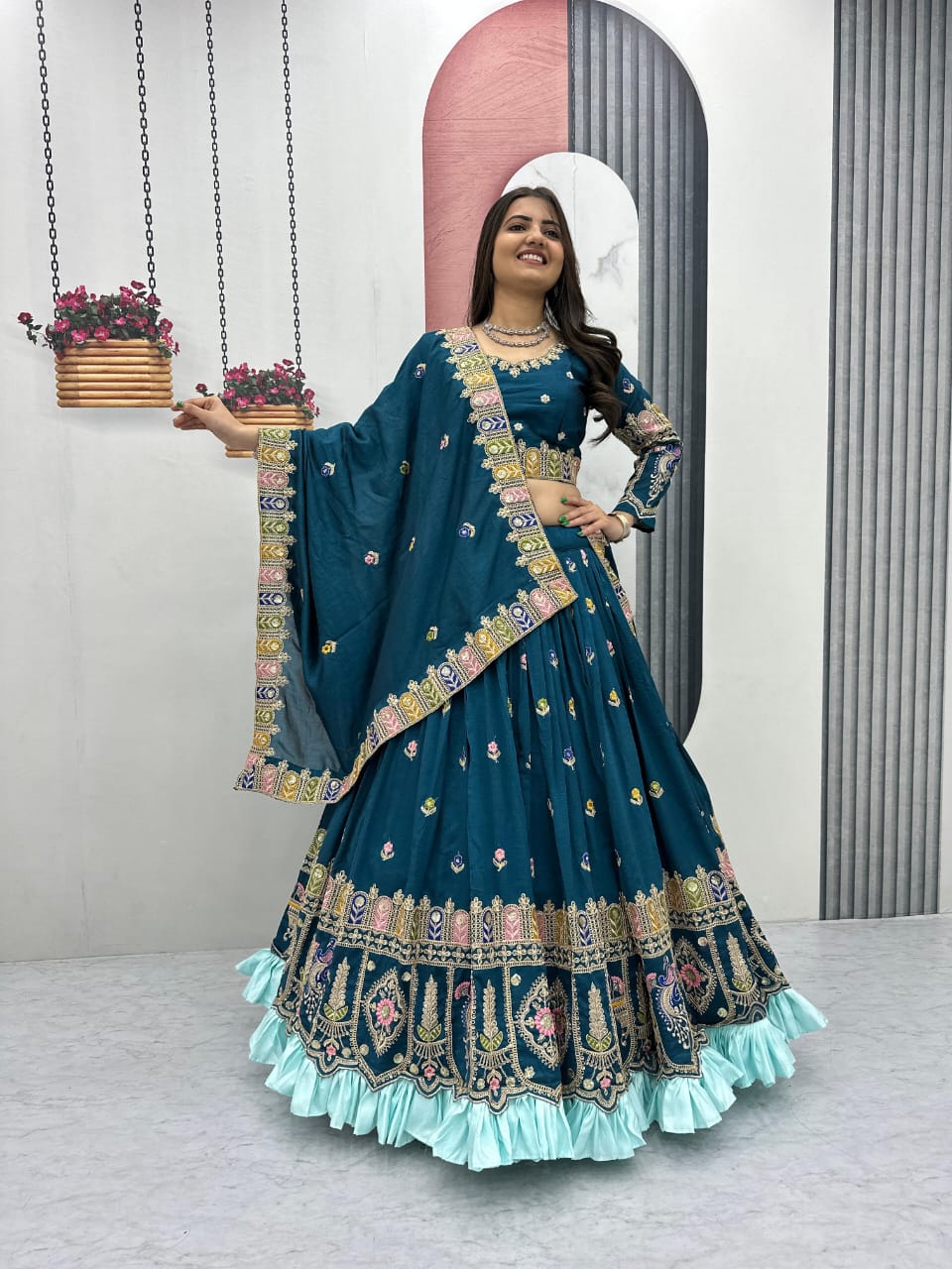 Pure Vichitra Lehenga Choli Set with Heavy Embroidery Coding Sequence & Thread Work, 3.5m Flared Lehenga with Cancan, Fully Stitched Bridal & Festive Wear (M to 2XL)