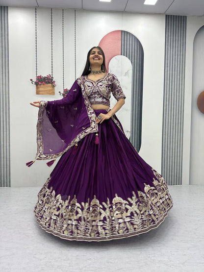Chinon Lehenga Choli Set with Heavy Embroidery Thread & Sequence Work