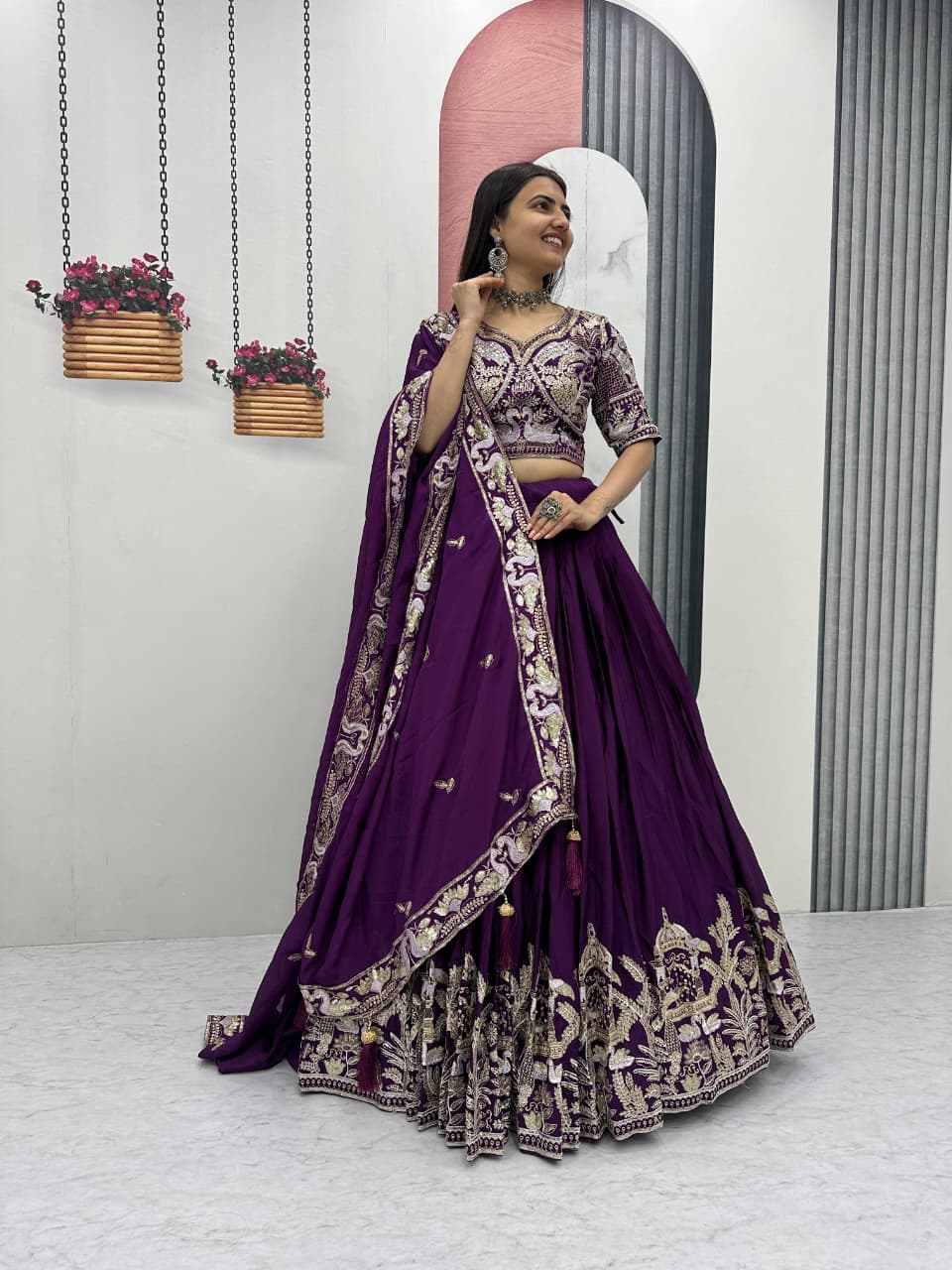 Chinon Lehenga Choli Set with Heavy Embroidery Thread & Sequence Work