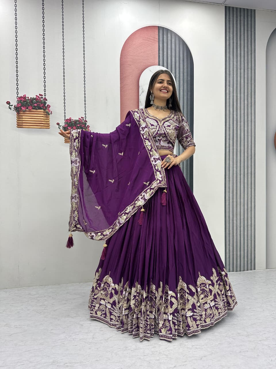 Chinon Lehenga Choli Set with Heavy Embroidery Thread & Sequence Work