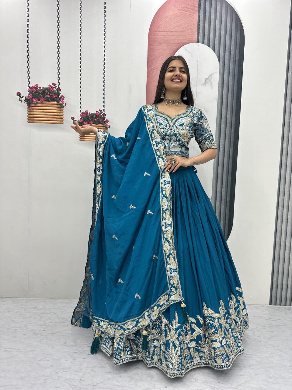 Chinon Lehenga Choli Set with Heavy Embroidery Thread & Sequence Work