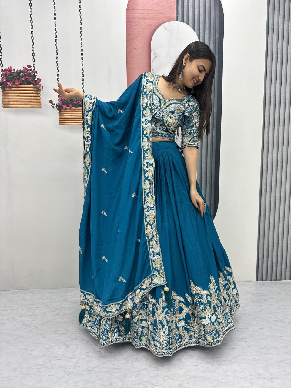 Chinon Lehenga Choli Set with Heavy Embroidery Thread & Sequence Work