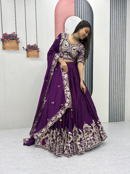 Chinon Lehenga Choli Set with Heavy Embroidery Thread & Sequence Work