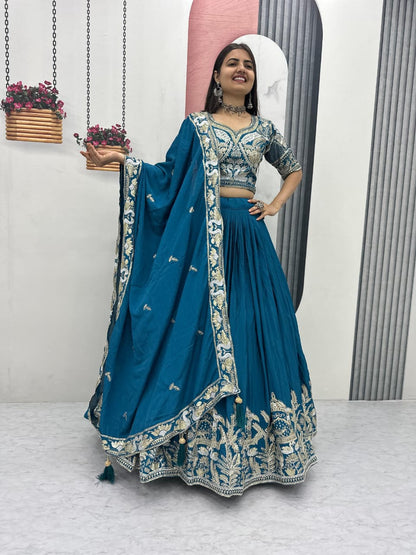Chinon Lehenga Choli Set with Heavy Embroidery Thread & Sequence Work