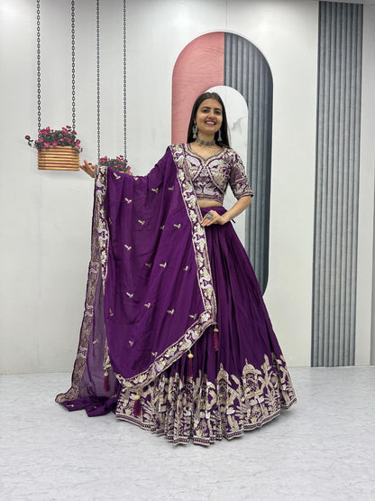 Chinon Lehenga Choli Set with Heavy Embroidery Thread & Sequence Work