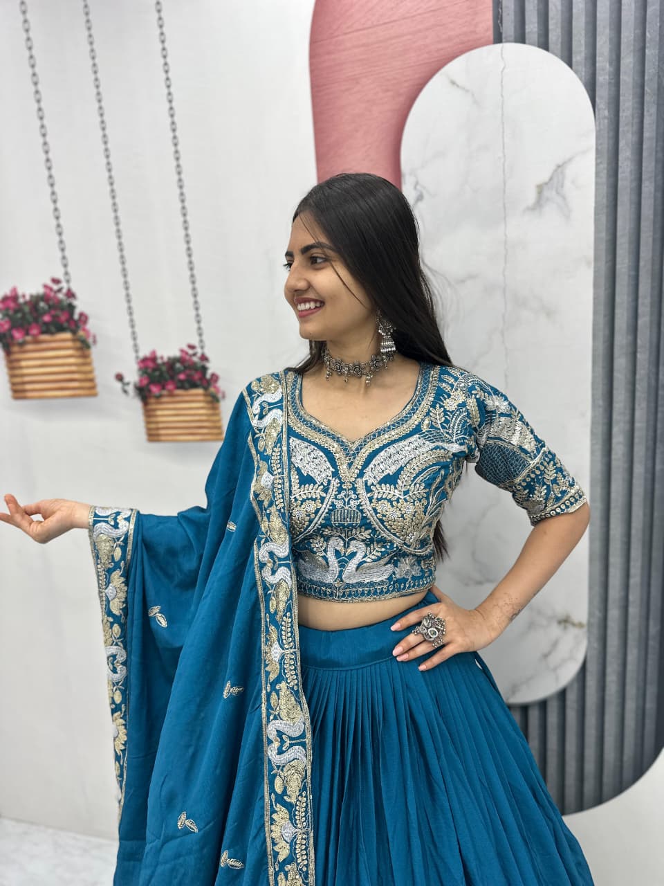 Chinon Lehenga Choli Set with Heavy Embroidery Thread & Sequence Work
