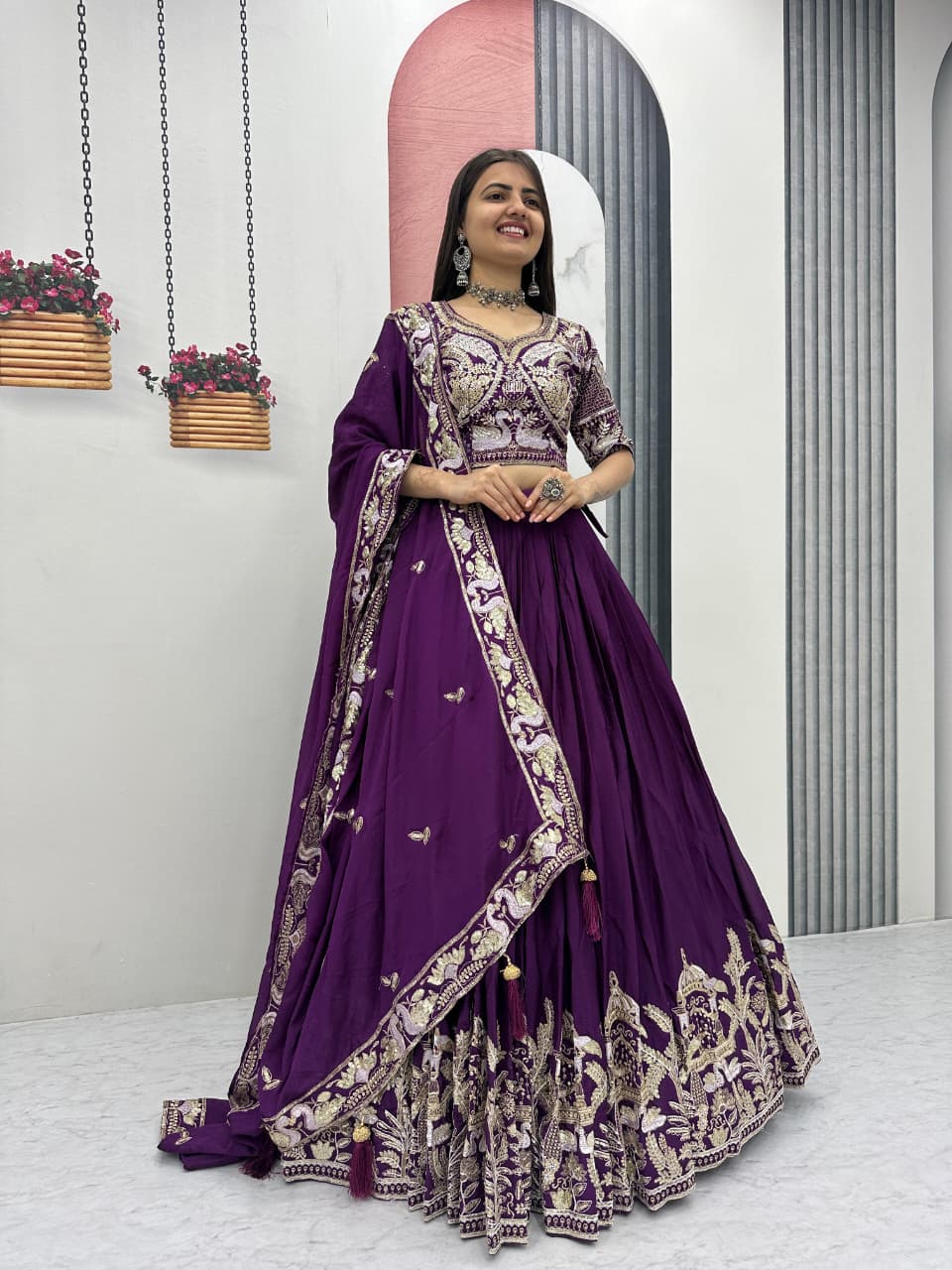 Chinon Lehenga Choli Set with Heavy Embroidery Thread & Sequence Work