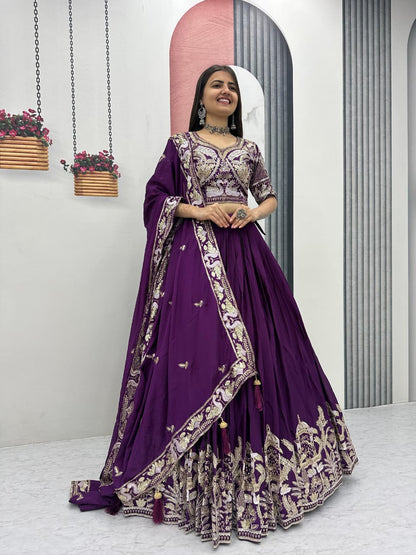 Chinon Lehenga Choli Set with Heavy Embroidery Thread & Sequence Work